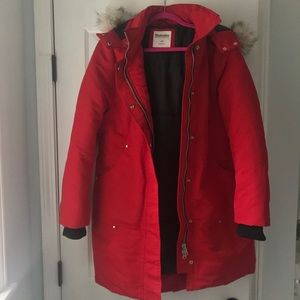 Red Midi Polyester Faux Fur Lined Winter Coat
